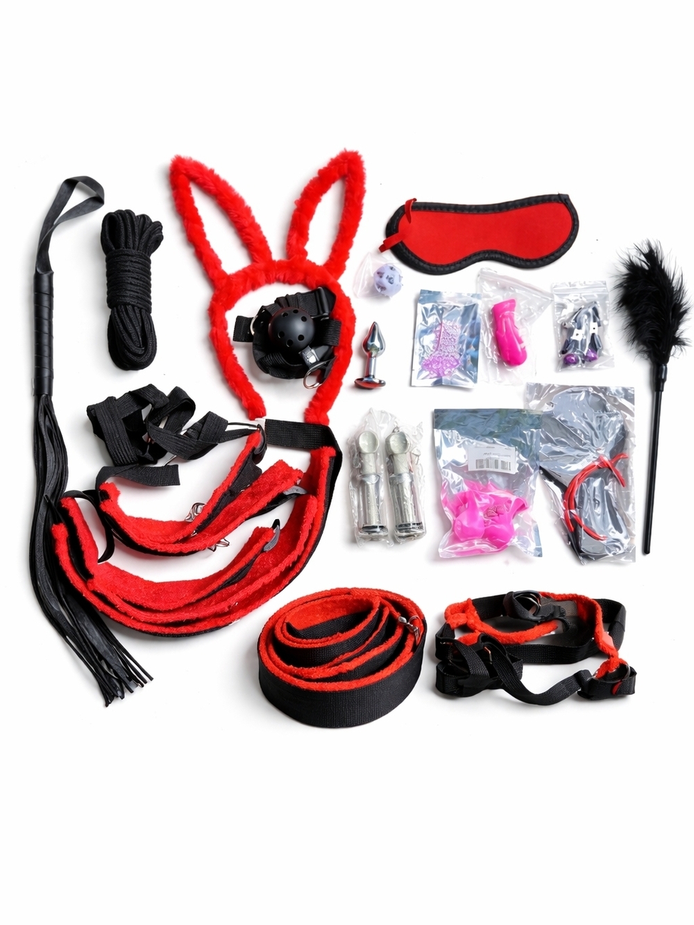 MRS215 BDSM Bondage Kit - Leash, Whip, Cuffs, Gag, Plug, Strap, & All The Things